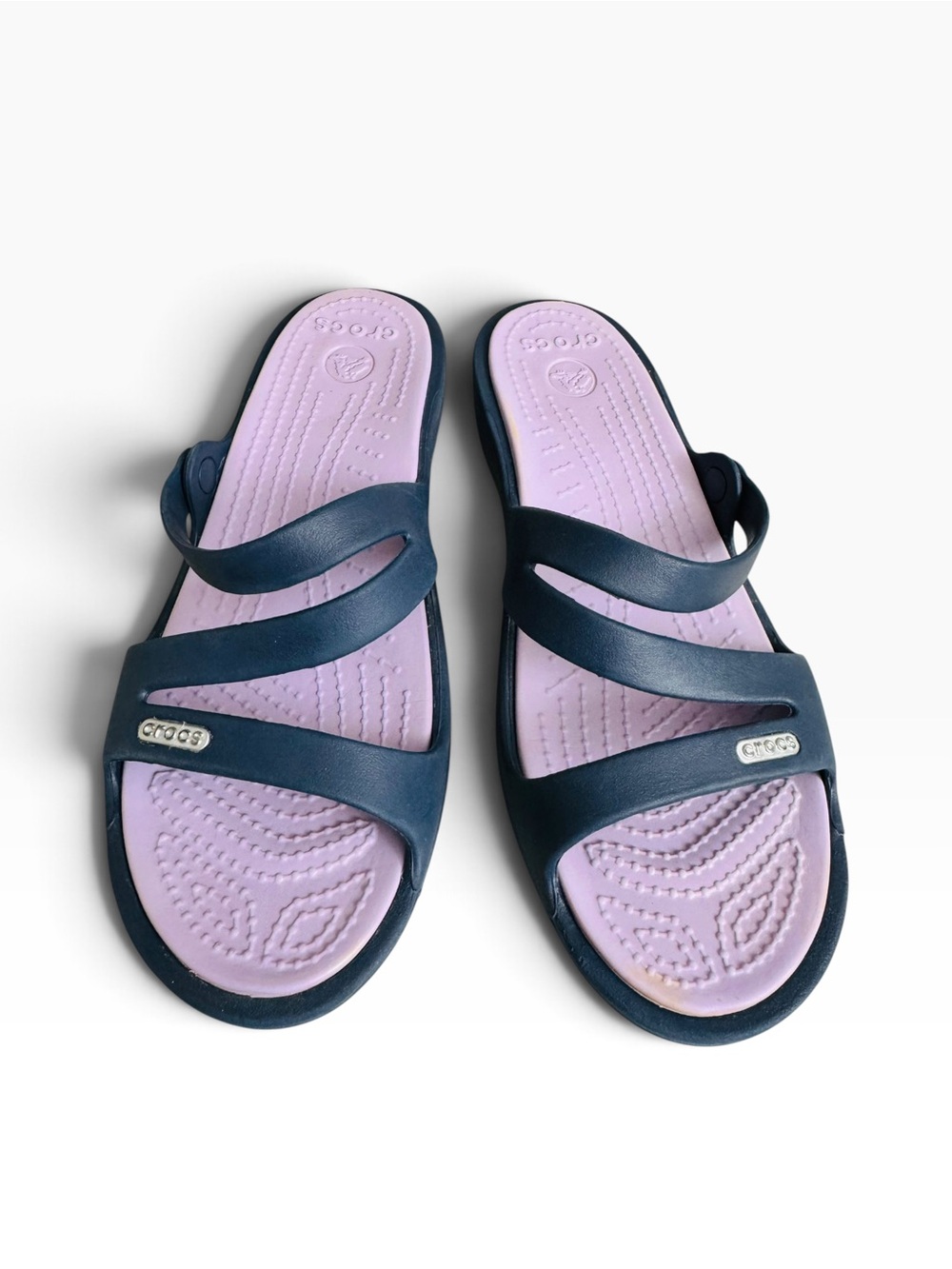 Crocs Women’s W7 Strappy Wedge Sandals Navy Blue Lavender Purple Comfort Slides